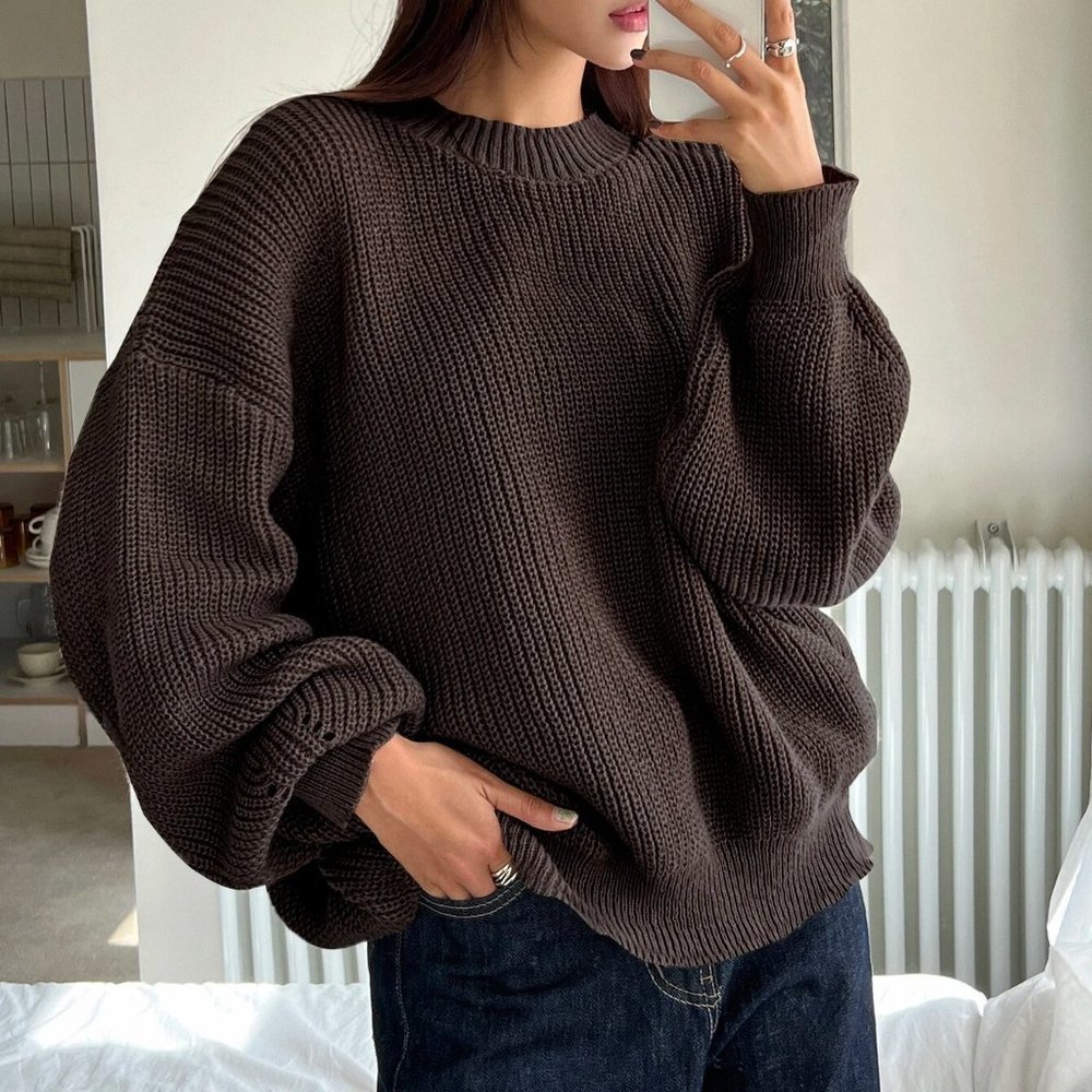 Brown Boho Womens Eyelet Detail Ribbed Knit Drop Shoulder Sweater - Picture 2 of 5